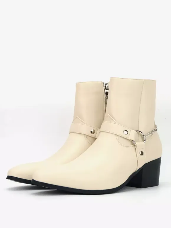 Black Ankle Boots Men's Round Toe Chain Detail Chunky Heel Booties