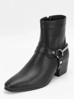 Black Ankle Boots Men's Round Toe Chain Detail Chunky Heel Booties