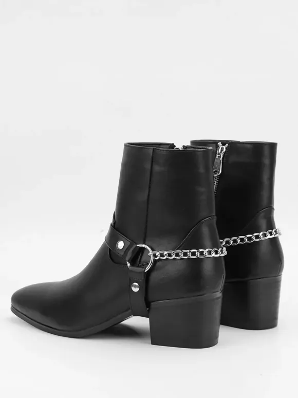 Black Ankle Boots Men's Round Toe Chain Detail Chunky Heel Booties