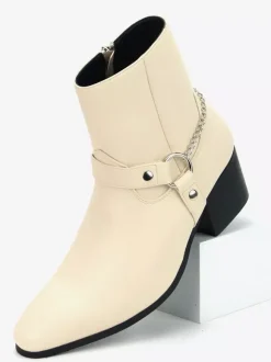 Black Ankle Boots Men's Round Toe Chain Detail Chunky Heel Booties