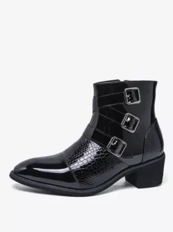 Black Ankle Boots Men's Round Toe Buckle Detail Zip Up Booties