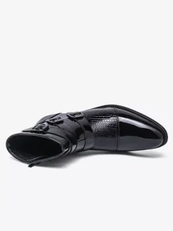 Black Ankle Boots Men's Round Toe Buckle Detail Zip Up Booties