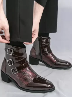 Black Ankle Boots Men's Round Toe Buckle Detail Zip Up Booties