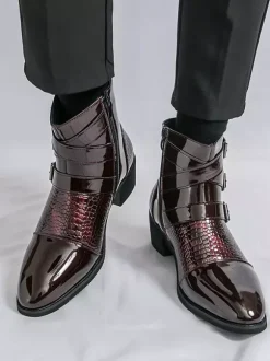 Black Ankle Boots Men's Round Toe Buckle Detail Zip Up Booties