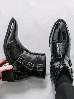 Black Ankle Boots Men's Round Toe Buckle Detail Zip Up Booties