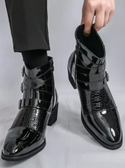 Black Ankle Boots Men's Round Toe Buckle Detail Zip Up Booties