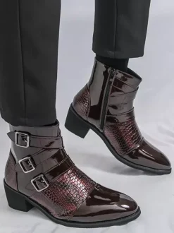 Black Ankle Boots Men's Round Toe Buckle Detail Zip Up Booties
