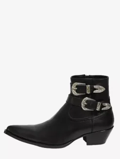 Black Ankle Boots Men's Round Toe Buckle Designed Chunky Heel Cowboy Boots