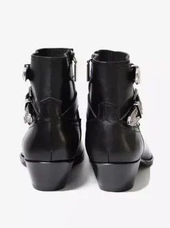 Black Ankle Boots Men's Round Toe Buckle Designed Chunky Heel Cowboy Boots