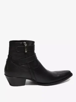 Black Ankle Boots Men's Round Toe Buckle Designed Chunky Heel Cowboy Boots