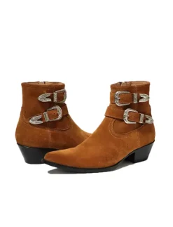 Black Ankle Boots Men's Round Toe Buckle Designed Chunky Heel Cowboy Boots