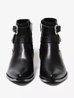 Black Ankle Boots Men's Round Toe Buckle Designed Chunky Heel Cowboy Boots