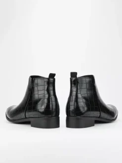 Black Ankle Boots Men's Round Toe Stone Pattern Chelsea Boots