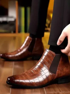 Black Ankle Boots Men's Round Toe Stone Pattern Chelsea Boots