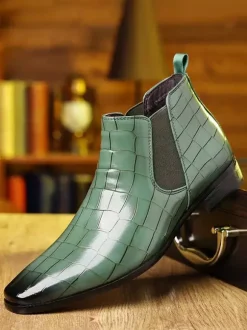 Black Ankle Boots Men's Round Toe Stone Pattern Chelsea Boots
