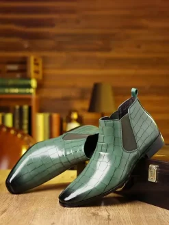 Black Ankle Boots Men's Round Toe Stone Pattern Chelsea Boots