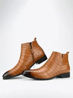 Black Ankle Boots Men's Round Toe Stone Pattern Chelsea Boots