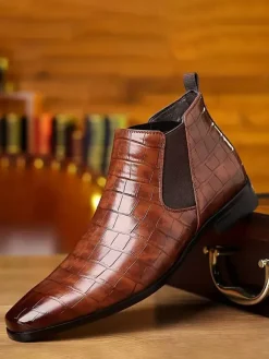 Black Ankle Boots Men's Round Toe Stone Pattern Chelsea Boots