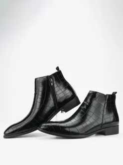 Black Ankle Boots Men's Round Toe Stone Pattern Chelsea Boots