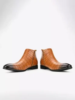 Black Ankle Boots Men's Round Toe Stone Pattern Chelsea Boots