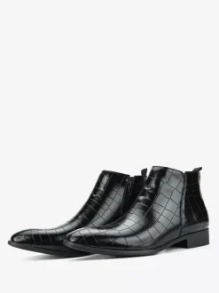Black Ankle Boots Men's Round Toe Stone Pattern Chelsea Boots