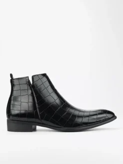 Black Ankle Boots Men's Round Toe Stone Pattern Chelsea Boots