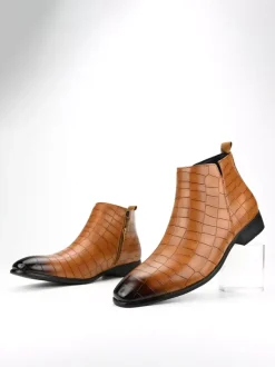 Black Ankle Boots Men's Round Toe Stone Pattern Chelsea Boots