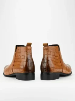 Black Ankle Boots Men's Round Toe Stone Pattern Chelsea Boots