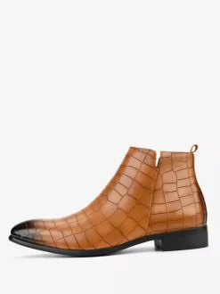 Black Ankle Boots Men's Round Toe Stone Pattern Chelsea Boots