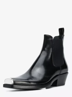 Black Ankle Boots Men's Square Toe Metal Detail Chunky Heel Chelsea Boots
