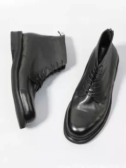 Black Ankle Boots Real Leather Round Toe Lace Up Zip Up Booties
