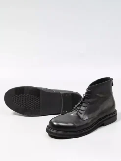 Black Ankle Boots Real Leather Round Toe Lace Up Zip Up Booties