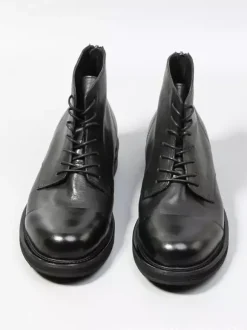 Black Ankle Boots Real Leather Round Toe Lace Up Zip Up Booties