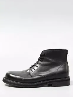 Black Ankle Boots Real Leather Round Toe Lace Up Zip Up Booties