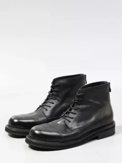 Black Ankle Boots Real Leather Round Toe Lace Up Zip Up Booties
