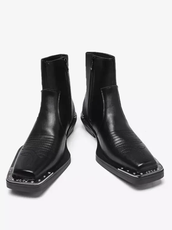 Black Ankle Boots Square Toe Metal Detail Chunky Heel Booties