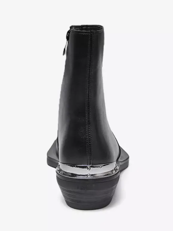 Black Ankle Boots Square Toe Metal Detail Chunky Heel Booties