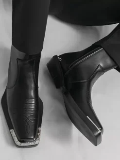Black Ankle Boots Square Toe Metal Detail Chunky Heel Booties