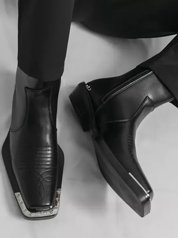 Black Ankle Boots Square Toe Metal Detail Chunky Heel Booties