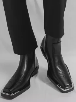 Black Ankle Boots Square Toe Metal Detail Chunky Heel Booties