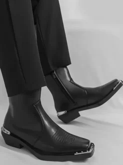 Black Ankle Boots Square Toe Metal Detail Chunky Heel Booties