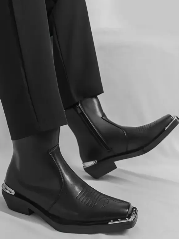 Black Ankle Boots Square Toe Metal Detail Chunky Heel Booties