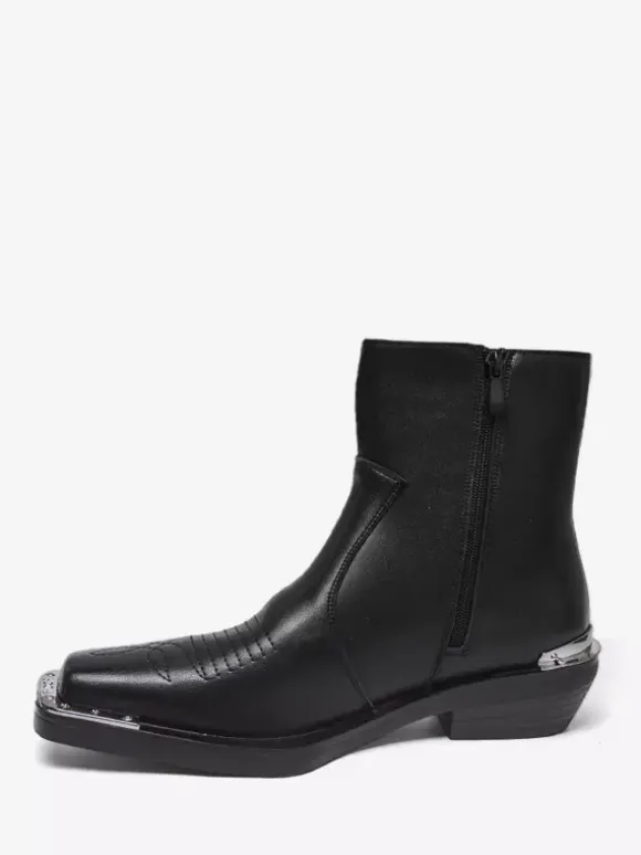 Black Ankle Boots Square Toe Metal Detail Chunky Heel Booties