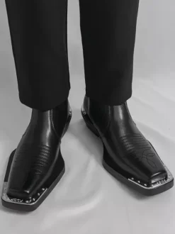 Black Ankle Boots Square Toe Metal Detail Chunky Heel Booties