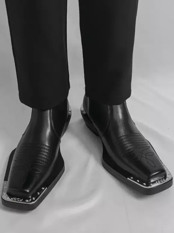 Black Ankle Boots Square Toe Metal Detail Chunky Heel Booties