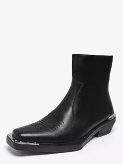 Black Ankle Boots Square Toe Metal Detail Chunky Heel Booties
