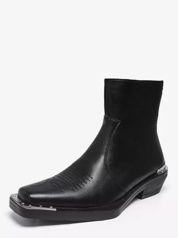 Black Ankle Boots Square Toe Metal Detail Chunky Heel Booties