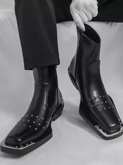 Black Ankle Boots Square Toe Studded Chunky Heel Booties For Men