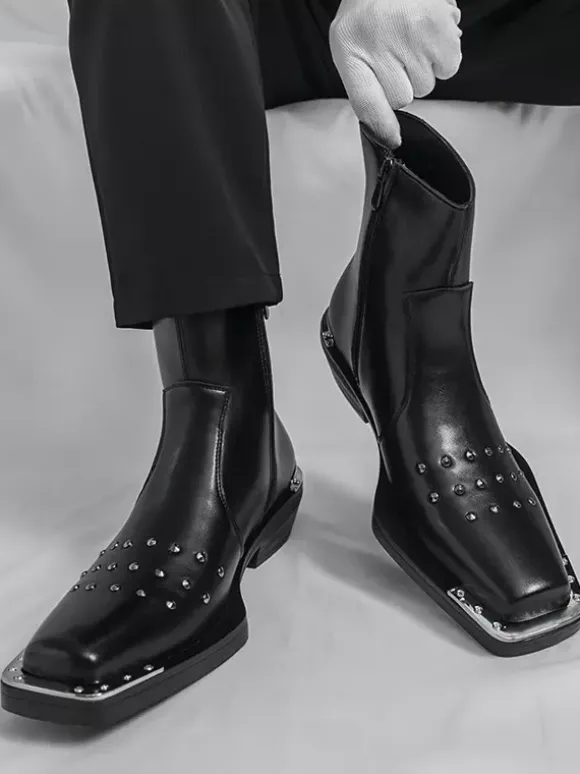 Black Ankle Boots Square Toe Studded Chunky Heel Booties For Men