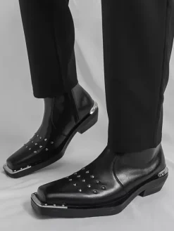 Black Ankle Boots Square Toe Studded Chunky Heel Booties For Men